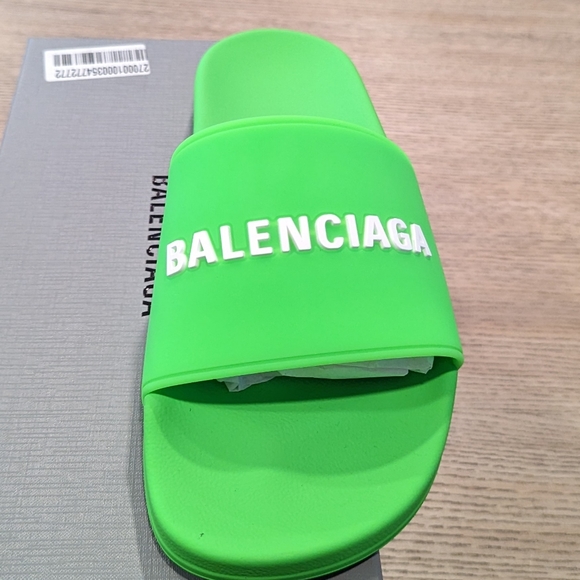 Mens Balenciaga Embossed Logo Pool Slides Sandals Green/White - Picture 2 of 5